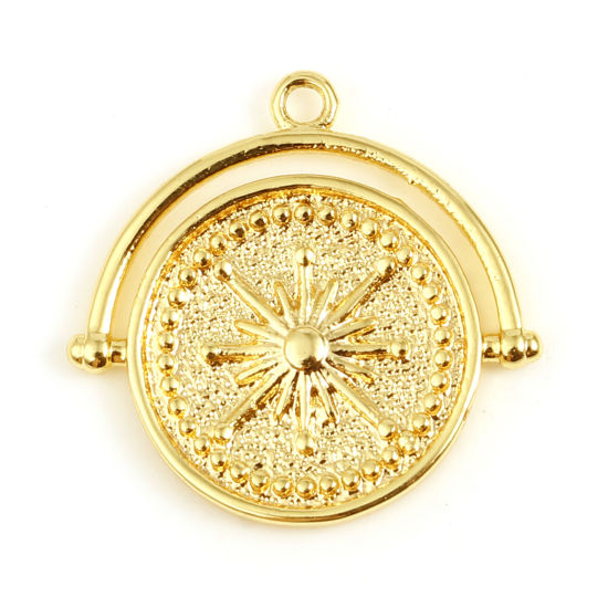 真鍮 宇宙銀河シリーズ チャーム 円形 18K リアルゴールドメッキ スター 17mmx 16mm、 1 個 の画像