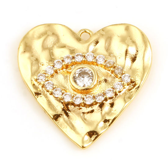 Picture of Brass Religious Charms Heart 18K Real Gold Plated Evil Eye Micro Pave Clear Rhinestone 17mm x 17mm, 1 Piece