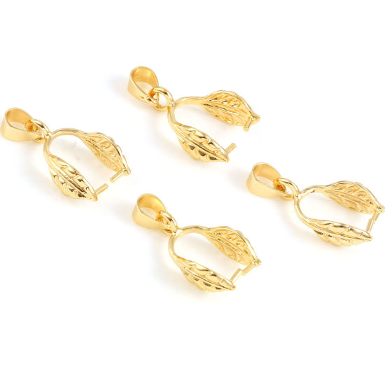 Picture of Brass Pendant Pinch Bails Clasps 18K Real Gold Plated Leaf 26mm x 7mm, 2 PCs