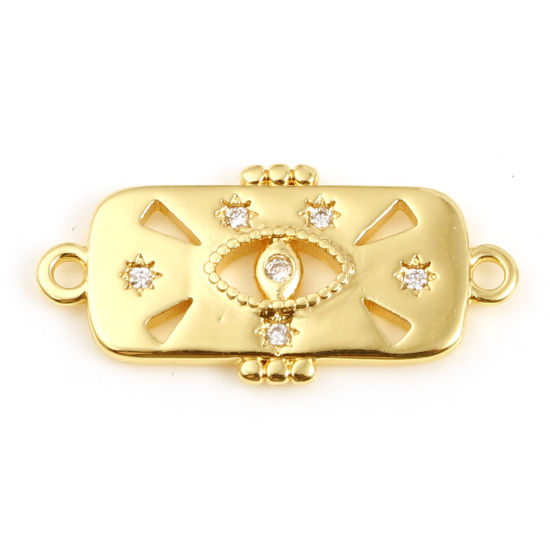 Picture of Brass Religious Connectors Rectangle 18K Real Gold Plated Evil Eye Clear Rhinestone 24mm x 11mm, 1 Piece