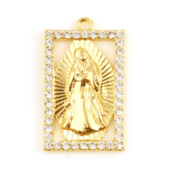 Изображение Латунь религия Подвески Прямоугольник 18K настоящее золото с покрытием Иисус Христос Бижутерия усыпанная мелким фианит Прозрачный Страз 20мм x 12мм, 1 ШТ