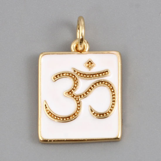 Bild von Messing Religiös Charms Rechteck 18K Vergoldet Weiß OM Symbol Emaille 18mm x 12mm, 2 Stück