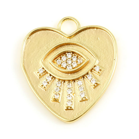 Picture of Brass Religious Charms Heart 18K Real Gold Plated Evil Eye Micro Pave Clear Rhinestone 21mm x 19mm, 1 Piece