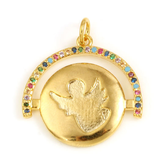 Image de Breloques Religieux en Laiton Demi-Rond Plaqué Or Véritable 18K Anges à Strass Coloré 25mm x 23mm, 1 Pièce