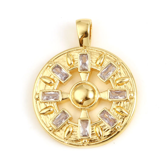 Image de Breloques Religieux en Laiton Rond Plaqué Or Véritable 18K Croix à Zircone Cubique Clair 22mm x 17mm, 1 Pièce