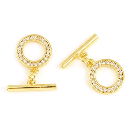 Picture of Brass Toggle Clasps 18K Real Gold Plated Round Clear Rhinestone 18mm x 14mm, 1 Set