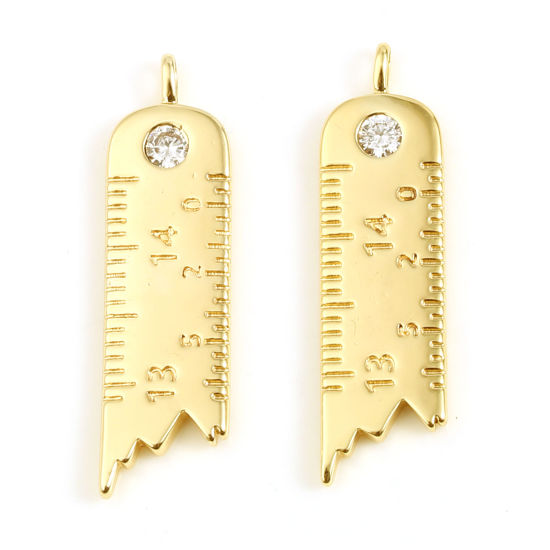 Picture of Brass College Jewelry Charms Ruler 18K Real Gold Plated Clear Rhinestone 29mm x 8mm, 1 Piece