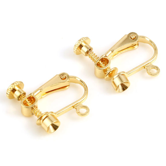 Picture of Brass Non Piercing Clip-on Earrings 18K Real Gold Plated U-shaped W/ Loop (Can Hold ss16 Pointed Back Rhinestone) 16mm x 15mm, 4 PCs