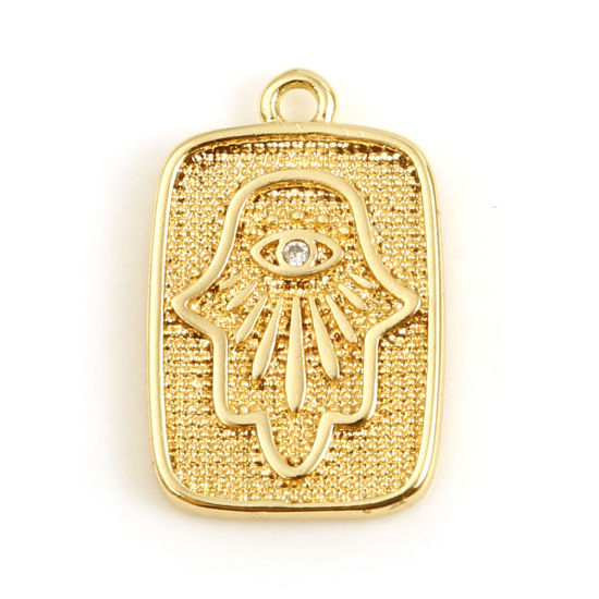 Image de Breloques Religieux en Laiton Rectangle Plaqué Or Véritable 18K Khamsa Symbole Paume à Strass Transparent 16mm x 11mm, 1 Pièce