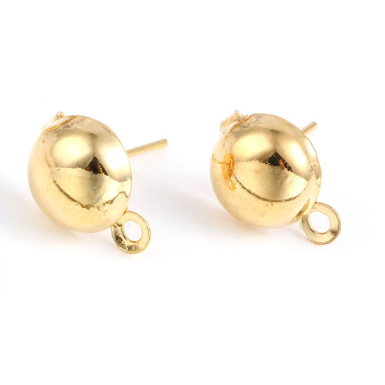 Picture of Brass Ear Post Stud Earrings 18K Real Gold Plated Round W/ Loop 14mm x 10mm, Post/ Wire Size: (21 gauge), 10 PCs