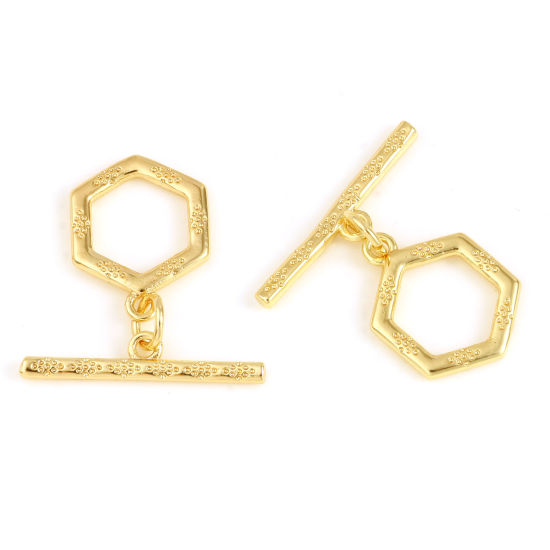 Bild von Messing Knebelverschluss 18K Vergoldet Hexagon 22mm x 21mm, 2 Sets                                                                                                                                                                                            