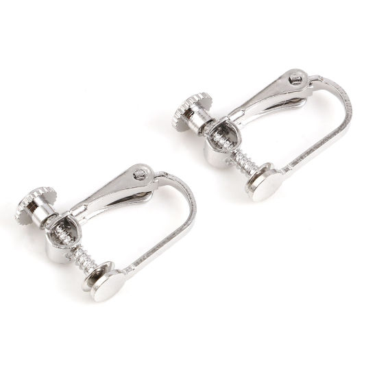 Picture of Brass Non Piercing Clip-on Earrings Real Platinum Plated U-shaped Glue On (Fits 4mm Dia.) 15mm x 12mm, 4 PCs