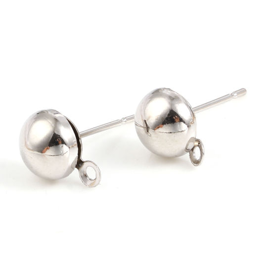 Picture of Brass Ear Post Stud Earrings Real Platinum Plated Round W/ Loop 11mm x 8mm, Post/ Wire Size: (21 gauge), 10 PCs