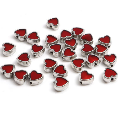 Bild von Zinklegierung Valentinstag Zwischenperlen Spacer Perlen Herz Silberfarbe Rot Emaille ca. 8.5mm x 8mm, Loch:ca. 1.3mm, 20 Stück