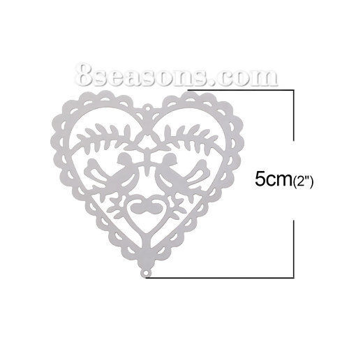 Picture of 304 Stainless Steel Filigree Stamping Connectors Findings Heart Silver Tone Bird Pattern Hollow 50mm(2") x 50mm(2"), 10 PCs