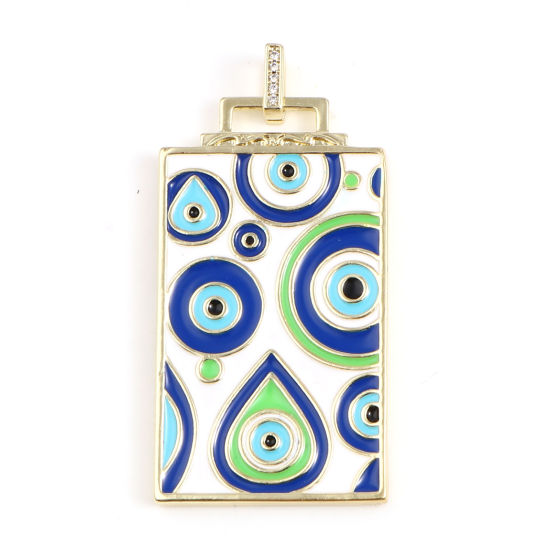 Image de 1 Pièce Pendentifs Religieux en Laiton Rectangle Plaqué Or Véritable 18K Blanc & Bleu Œil Mauvais Émail 51mm x 26mm