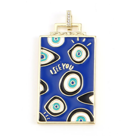 Image de 1 Pièce Pendentifs Religieux en Laiton Rectangle Plaqué Or Véritable 18K Bleu Œil Mauvais Mots" I SEE YOU " Émail 51mm x 26mm