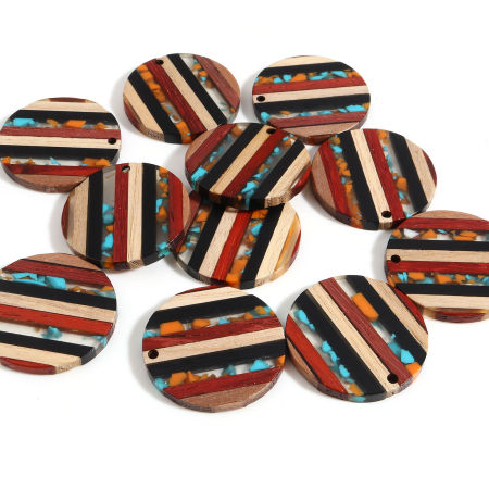 Image de Pendentifs Résine à Effet de Bois en Résine & Bois Rond Couleur Naturelle 30mm Dia, 2 Pcs
