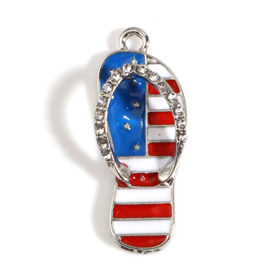 Picture of Zinc Based Alloy Sport Pendants Flip Flops Slipper Silver Tone Red & Blue Flag Of The United States Clear Rhinestone 33mm x 12mm, 5 PCs