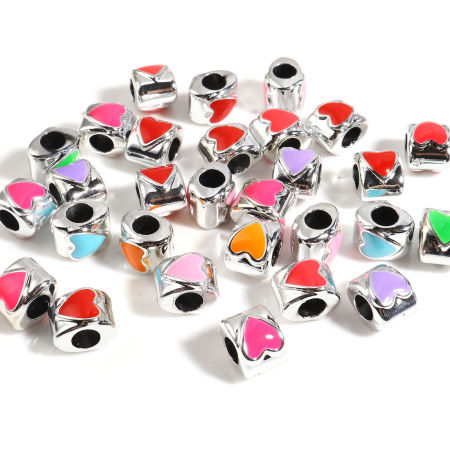 Bild von CCB Plastik Valentinstag Großlochperlen Silberfarbe Zufällig Mix Oval Herz Emaille 10mm x 8mm, Loch: Ca. 4.4mm, 20 Stück