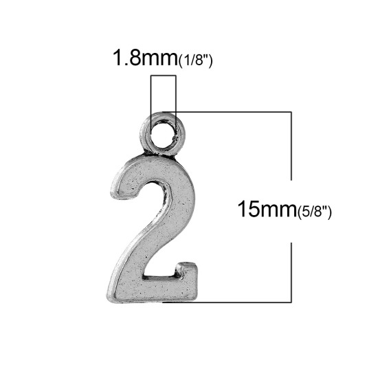 Picture of Zinc Metal Alloy Charms Number " 2 " Antique Silver Color 15mm( 5/8") x 7mm( 2/8"), 50 PCs