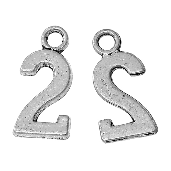 Picture of Zinc Metal Alloy Charms Number " 2 " Antique Silver Color 15mm( 5/8") x 7mm( 2/8"), 50 PCs