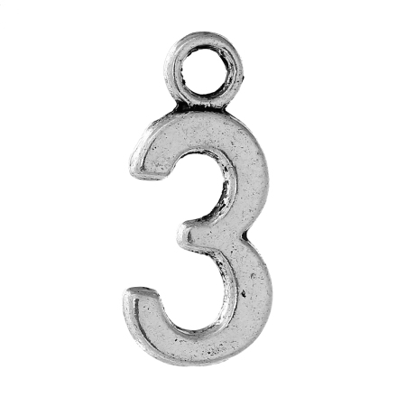 Zinc Metal Alloy Charms Number " 3 " Antique Silver Color 15mm( 5/8") x 7mm( 2/8"), 50 PCs
