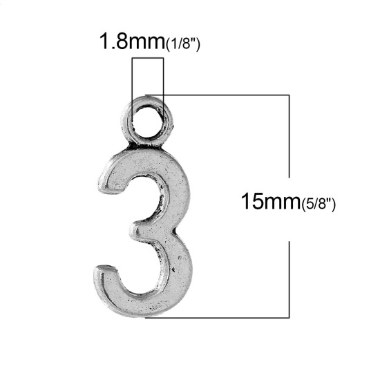 Imagen de Colgantes Aleación del Metal Del Zinc de Número , Plata Antigua " 3 " 15mmx 7mm, 50 Unidades