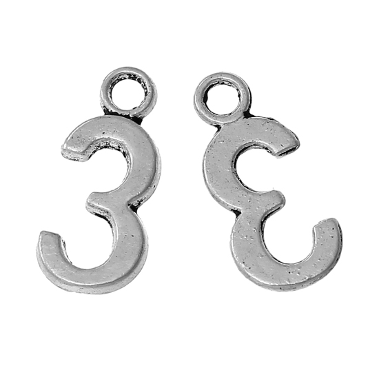 Imagen de Colgantes Aleación del Metal Del Zinc de Número , Plata Antigua " 3 " 15mmx 7mm, 50 Unidades