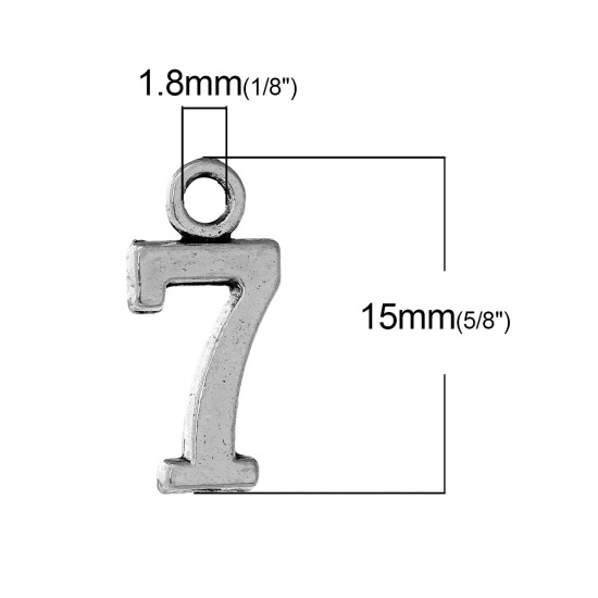 Bild von Zinklegierung Charm Anhänger Nummer Antiksilber " 7 " 15mm x 7mm, 50 Stücke