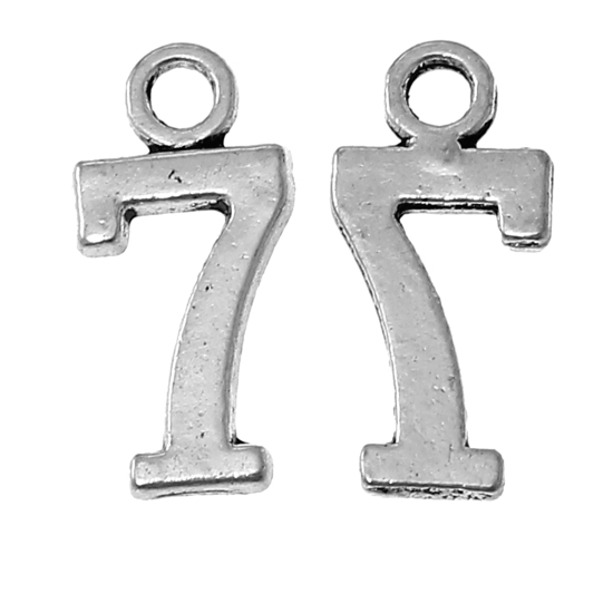 Bild von Zinklegierung Charm Anhänger Nummer Antiksilber " 7 " 15mm x 7mm, 50 Stücke