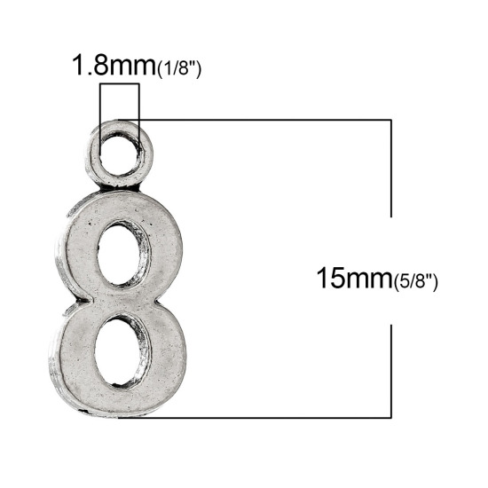 Bild von Zinklegierung Charm Anhänger Nummer Antiksilber " 8 " 15mm x 7mm, 50 Stücke