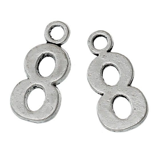 Bild von Zinklegierung Charm Anhänger Nummer Antiksilber " 8 " 15mm x 7mm, 50 Stücke