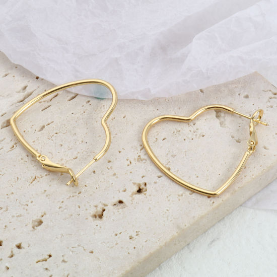 Picture of Brass Valentine's Day Hoop Earrings 18K Real Gold Plated Heart 35mm x 30mm, 2 PCs