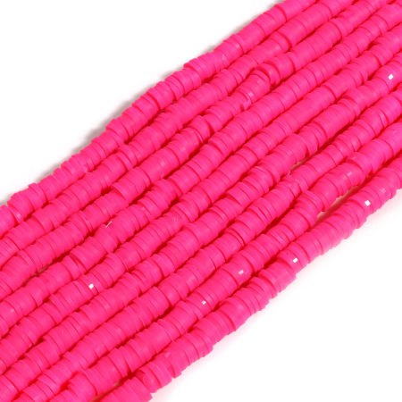 Image de Perles Heishi Katsuki en Pâte Polymère Rond Rose Fluorescent 6mm Dia, Taille de Trou: 2mm, 39.5cm long, 5 Enfilades (Env. 350 PCs/Enfilade)