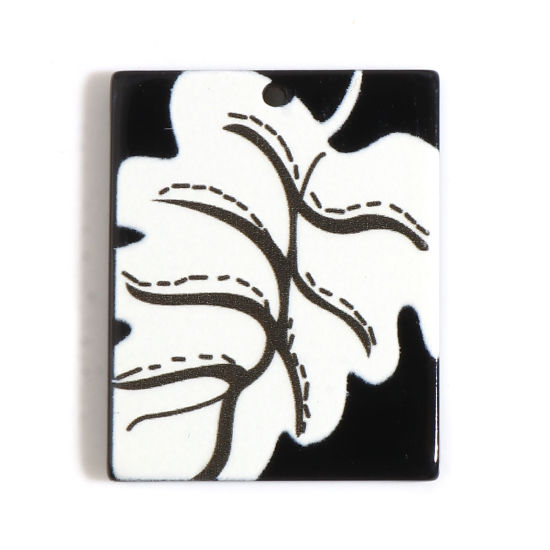 Image de Pendentifs en Résine Rectangle Noir & Blanc Feuilles 32mm x 26mm, 10 Pcs