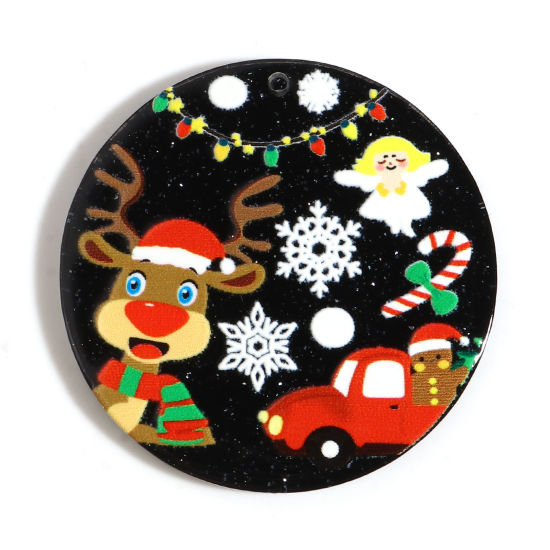 Picture of Resin Pendants Round Christmas Reindeer Black & Red 40mm Dia. 10 PCs