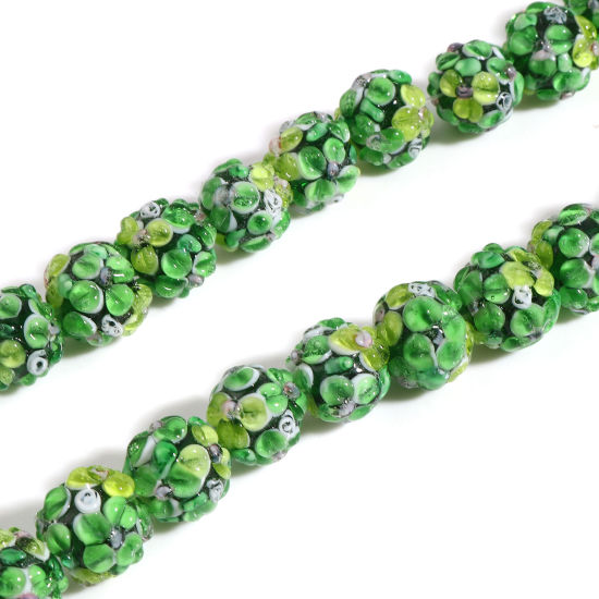 Image de Perles en Verre Rond Vert Fleurs 13mm Dia, Trou: 2.1mm, 2 Pcs