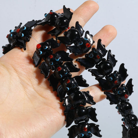 Picture of Lampwork Glass Beads Halloween Bat Animal Black About 25mm x 13mm, Hole: Approx 2mm, 2 PCs