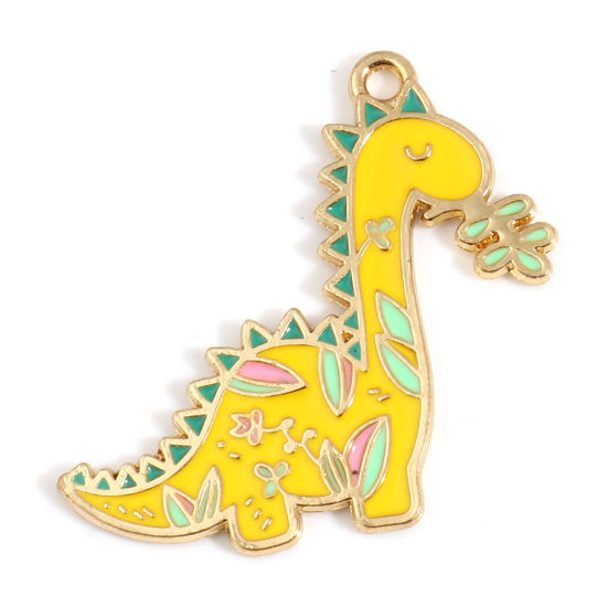Immagine di Lega di Zinco Ciondoli Dinosauro Oro Placcato Giallo Smalto 34mm x 32mm , 10 Pz