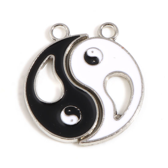 Picture of Zinc Based Alloy Religious Charms Yin Yang Eight Diagrams Silver Tone Black & White Amoeba Enamel 28mm x 18mm, 10 Sets ( 2 PCs/Set)