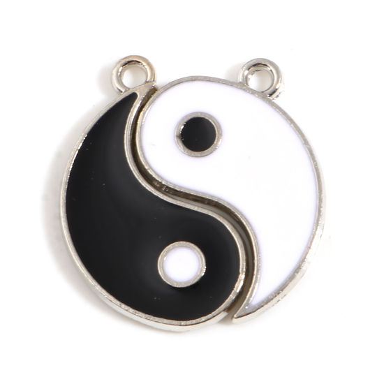 Picture of Zinc Based Alloy Religious Charms Yin Yang Eight Diagrams Silver Tone Black & White Amoeba Enamel 22mm x 14mm, 10 Sets ( 2 PCs/Set)