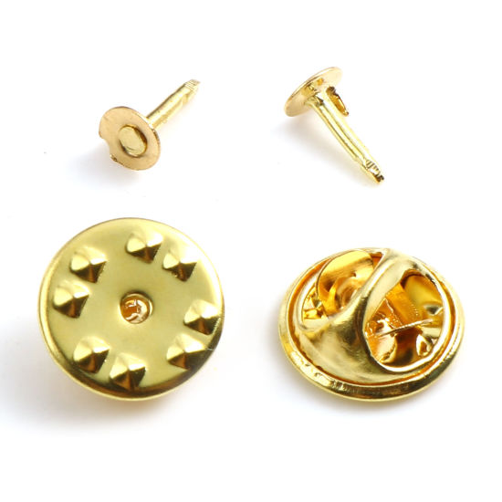 Picture of Brass Pin Brooches Findings Gold Plated Round Cabochon Settings (Fits 4.5mm ) 11mm Dia. 8mm x 4.5mm, 50 Sets (2 Pcs/Set)                                                                                                                                      