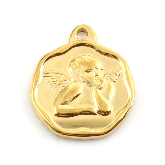 Изображение Нержавеющая Сталь религия религия Подвески Круглые Позолоченный Ангел 21мм x 18мм, 1 ШТ