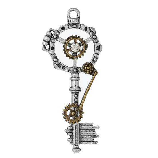 Picture of Zinc Based Alloy Steampunk Charms Key Antique Silver Color Gear Carved Clear Rhinestone Hollow 68mm(2 5/8") x 28mm(1 1/8"), 3 PCs