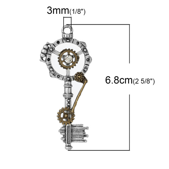 Picture of Zinc Based Alloy Steampunk Charms Key Antique Silver Color Gear Carved Clear Rhinestone Hollow 68mm(2 5/8") x 28mm(1 1/8"), 3 PCs