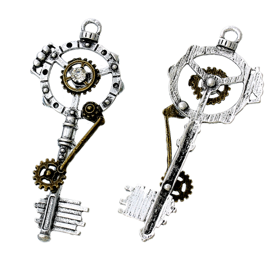 Picture of Zinc Based Alloy Steampunk Charms Key Antique Silver Color Gear Carved Clear Rhinestone Hollow 68mm(2 5/8") x 28mm(1 1/8"), 3 PCs