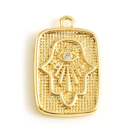 Picture of Brass Religious Charms Rectangle 18K Real Gold Plated Hamsa Symbol Hand Clear Rhinestone 16mm x 11mm, 1 Piece