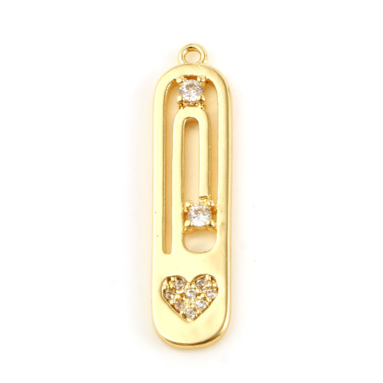 Bild von Messing Valentinstag Charms Büroklammer 18K Echtgold plattiert Herz Transparent Strass 27mm x 7mm, 1 Stück