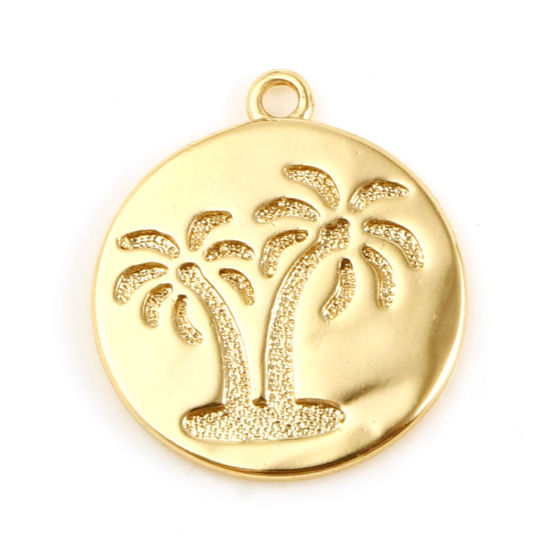 Picture of Brass Charms Round 18K Real Gold Plated Coconut Palm Tree 16mm x 14mm, 1 Piece